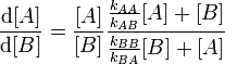 \frac {\mathrm{d}[A]} {\mathrm{d}[B]} = \frac {[A]}{[B]} \frac {\frac {k_{AA}}{{k_{AB}}}[A] + [B]} {\frac {k_{BB}}{{k_{BA}}}[B] + [A]} 