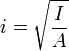 i = \sqrt\frac{I}{A}